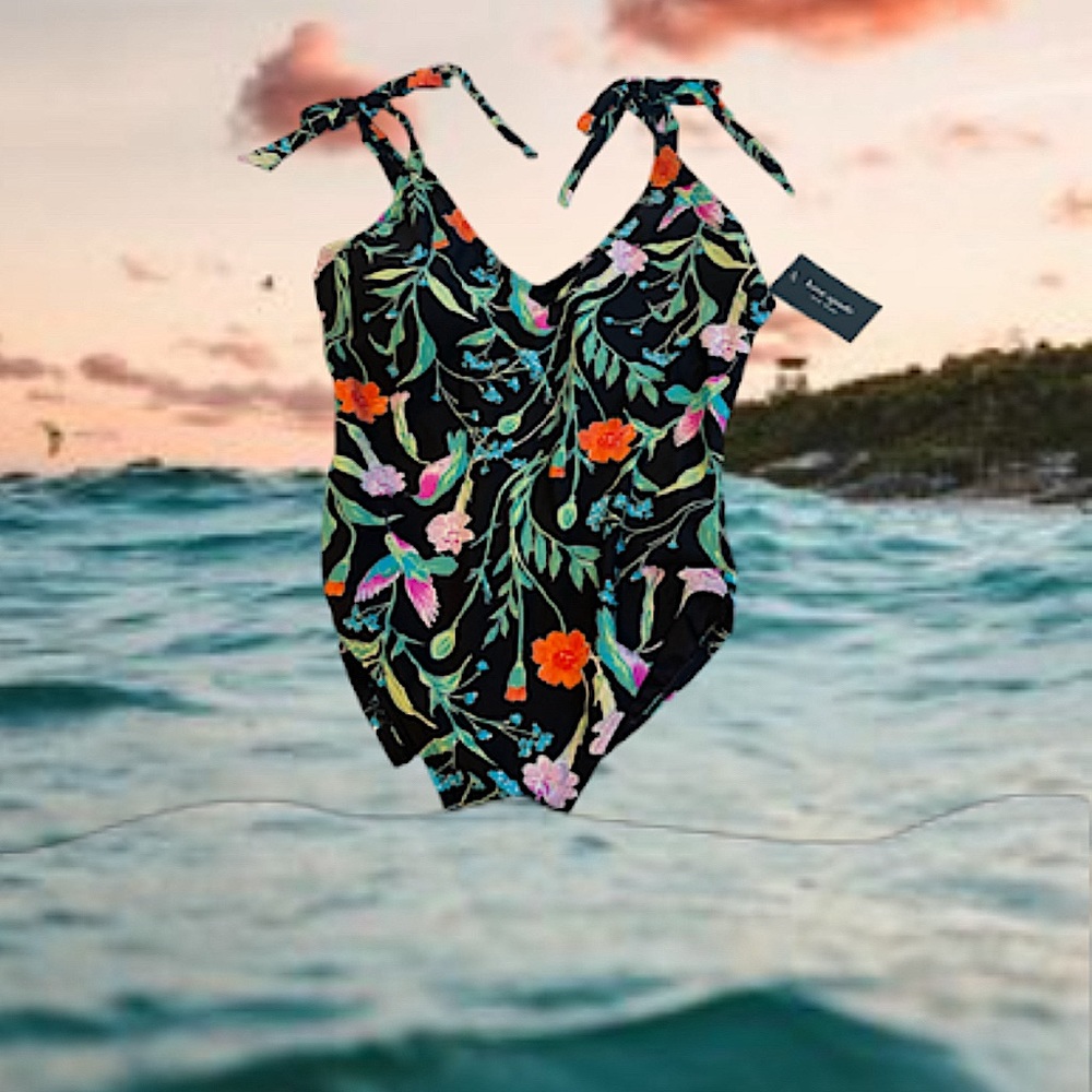NWT Kate Spade Multicolor Floral Shoulder Tie V-Neck One-Piece Swimsuit. Large.